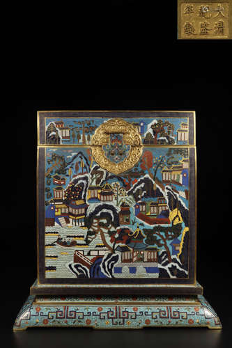 A QIANLONG MARK CLOISONNE BOX ENAMELED LANDSCAPE PATTERN