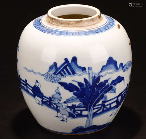 A BLUE&WHITE JAR WITH LANDSCAPE PATTERN