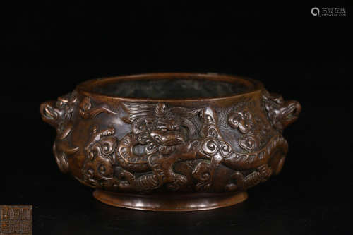 A XUANDE MARK DOUBLE-EAR DRAGON CARVING BRONZE CENSER