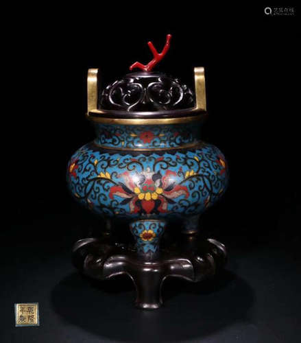 A QIANLONG MARK CLOISONNE TRIPOD CENSER