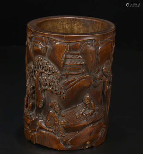 A BAMOO PEN HOLDER CARVED STORY-TELLING PATTERN