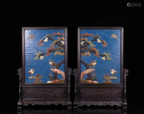 A PAIR OF CRANE ZITAN WOOD SCREENS CARVED CRANE PATTERN