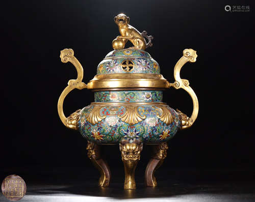 A XUANDE MARK CLOISONNE TRIPOD CENSER WITH BRONZE BEAST COVER