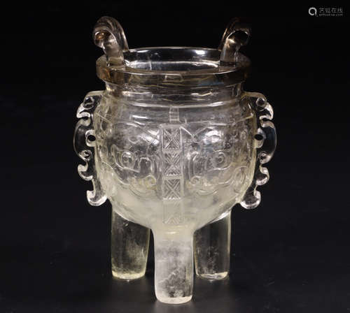 A BEAST FACIAL CARVING TRI-LEG CRYSTAL CENSER