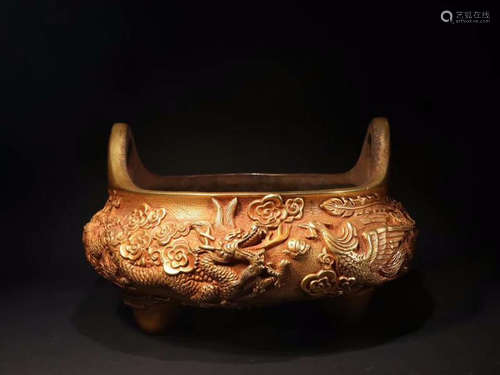 A GILT BRONZE CASTED PHOENIX&DRAGON PATTERN CENSER