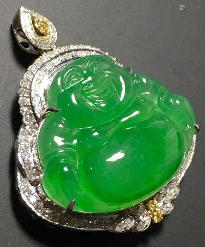 A GREEN JADEITE CARVED BUDDHA PENDANT, TYPE A