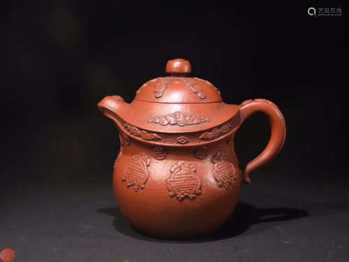 A ZISHA CARVED BATS PATTERN TEA POT