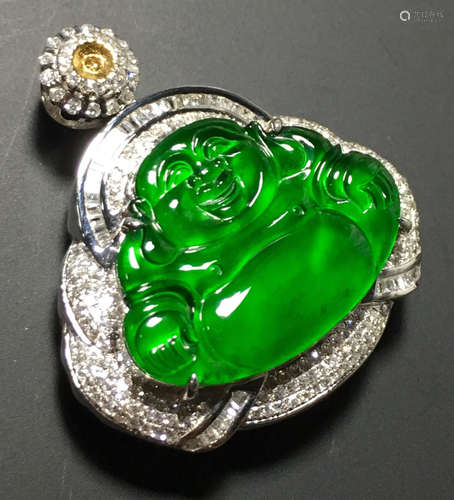 A GREEN JADEITE CARVED BUDDHA PENDANT, TYPE A