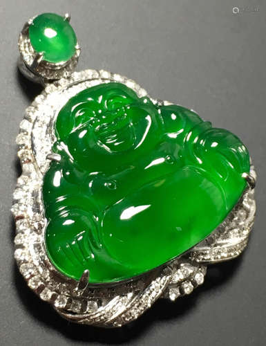 A GREEN JADEITE CARVED BUDDHA PENDANT, TYPE A