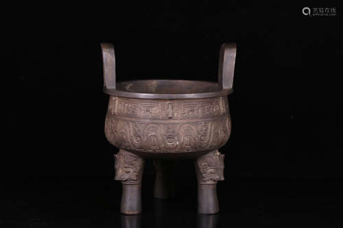 A BRONZE CASTED DOUBLE EAR TRIPOD CENSER