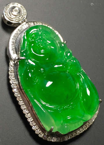 A GREEN JADEITE CARVED BUDDHA PENDANT, TYPE A