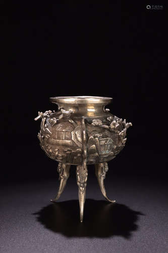 A SILVER CASTED STORY PATTERN TRIPOD CENSER