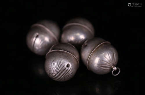 FOUR STERLING SILVER TIGER PATTERN HANDMADE BELLS