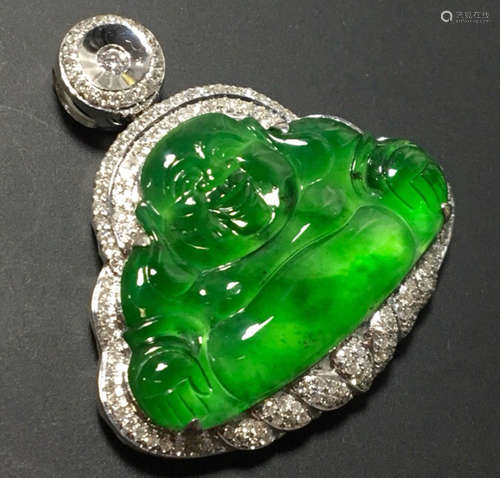 A GREEN JADEITE CARVED BUDDHA PENDANT, TYPE A