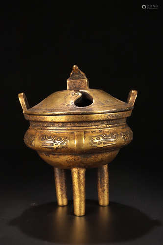 A GILT BRONZE CASTED DOUBLE EAR TRIPOD CENSER