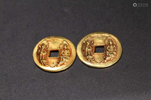 PAIR GOLD CASTED BUDDHA PATTERN COINS