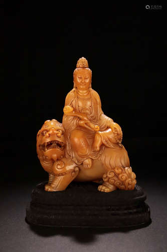 A TIANHUANG STONE CARVED LION&GUANYIN BUDDHA