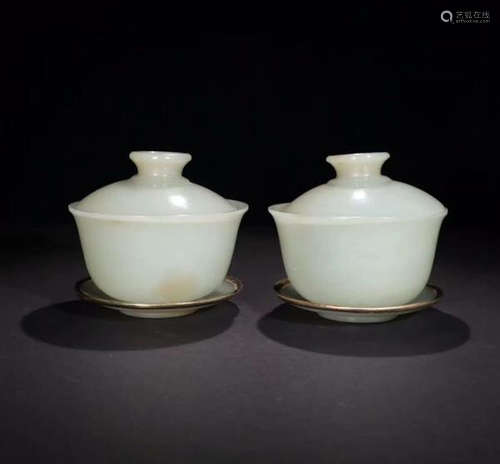 PAIR HETIAN JADE CARVED GILT SILVER CUPS