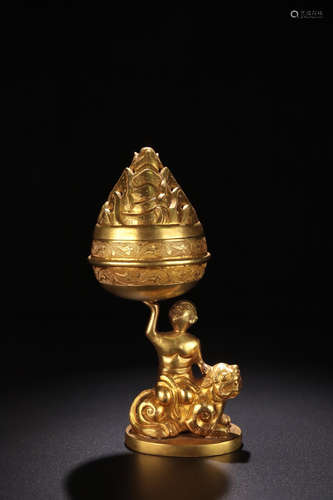 A GILT BRONZE CASTED LION&LUOHAN BOSHAN CENSER