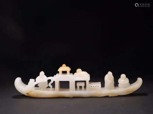 A HETIAN JADE CARVED STORY SHIP SHAPED PENDANT