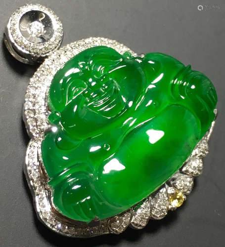 A GREEN JADEITE CARVED BUDDHA PENDANT, TYPE A