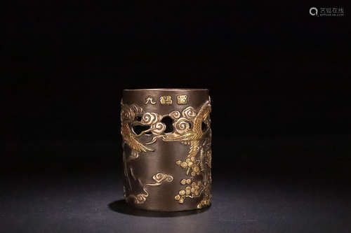 17-19TH CENTURY, A NINE CRANES PATTERN GILT BRONZE BRUSH POT, QING DYNASTY