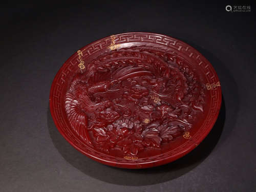 18-19TH CENTURY, A PHOENIX PATTERN SHOUSHAN RED STONE PLATE, LATE QING DYNASTY