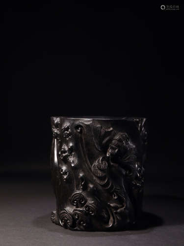 17-19TH CENTURY, A FLORAL AND BAT PATTERN ROSEWOOD BRUSH POT, QING DYNASTY