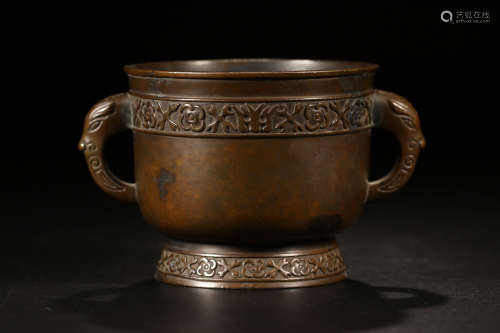 14-16TH CENTURY, A DOUBLE-EAR BRONZE CENSER, MING DYNASTY