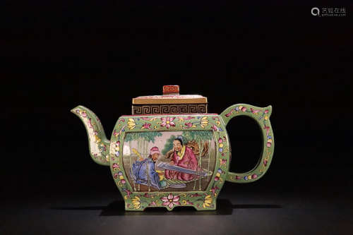 17-19TH CENTURY, A STORY DESIGN PURPLE CLAY TEAPOT, QING DYNASTY