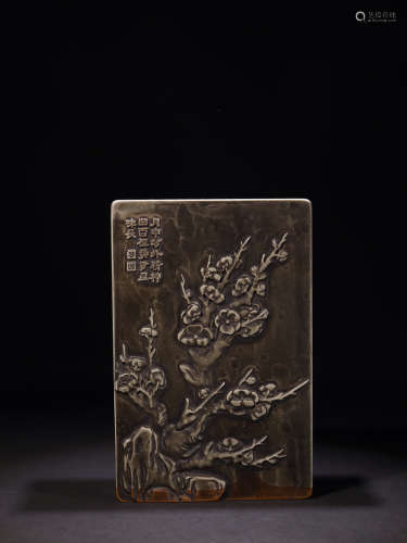 18-19TH CENTURY, A PLUM BLOSSOM PATTERN SONGHUA STONE INKSTONE, LATE QING DYANSTY