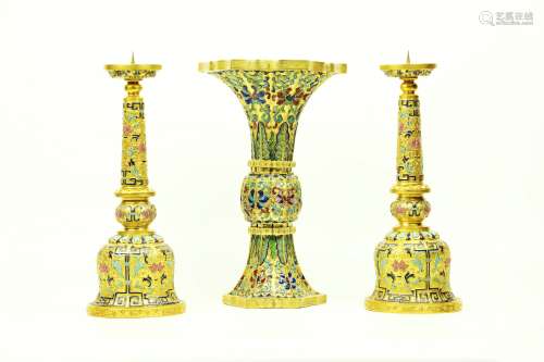 A Pair of Cloisonné Candle Holders and One Cloisonné Vase