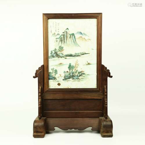 A Chinese Famille-Rose Porcelain Plaque with Wood Frame and Stand