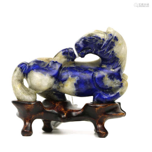 A Chinese Carved Lapis Decoration of Horse Shape with Wood Base