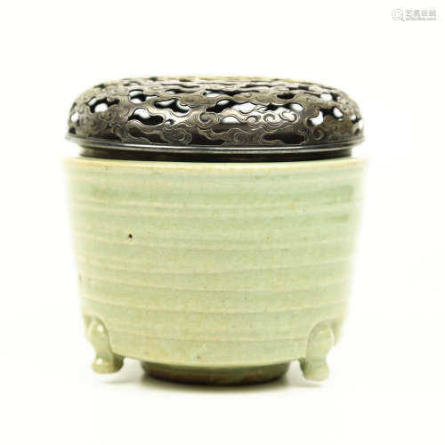 A Chinese Celadon Porcelain Incense Burner with Silver Cap