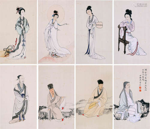 EIGHT PAGES OF CHINESE ALBUM PAINTING OF FIGURES BY CHEN SHAOMEI