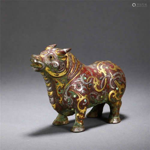 CHINESE GOLD SILVER INLAID BRONZE OX