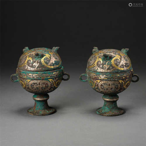 PAIR OF CHINESE GOLD SILVER INLAID BRONZE LIDDED DOU CENSER HAN DYNASTY