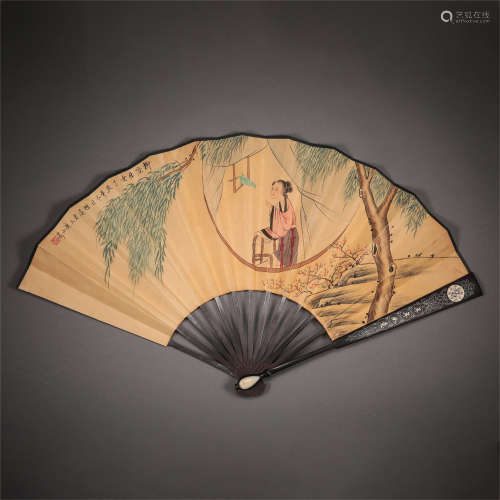 CHINESE SILVER THREAD INLAID ROSEWOOD FAN PAINTING OF BEAUTY