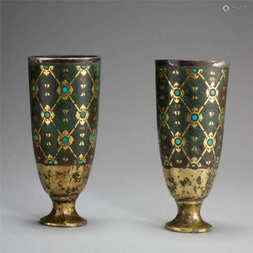 PAIR OF CHINESE GOLD SILVER TURQUOISE INLAID BRONZE CUPS HAN DYNASTY