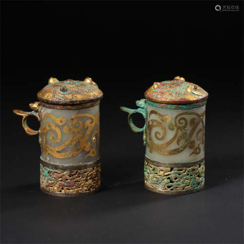 PAIR OF CHINESE GILT BRONZE JADE LIDDED JUE CUPS