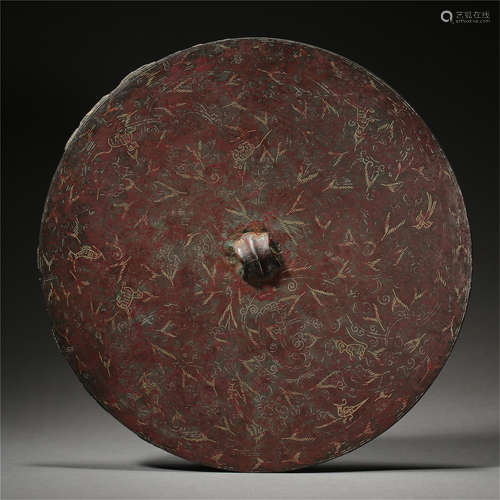 CHINESE GOLD THREAD INLAID BRONZE ROUND MIRROR HAN DYNASTY