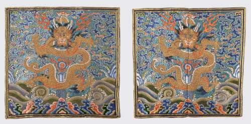 PAIR OF CHINESE MANDERIAN OFFICIAL RANK BADGES OF FIVE-PAW DRAGON QING DYNASTY