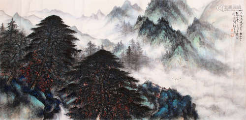 LARGE CHINESE SCROLL PAINTING OF MOUNTAIN VIEWS BY LI XIONGCAI