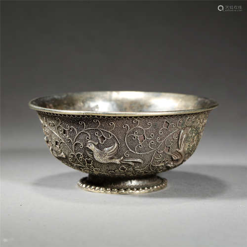 CHINESE SILVER ENGRAVED BRID BOWL