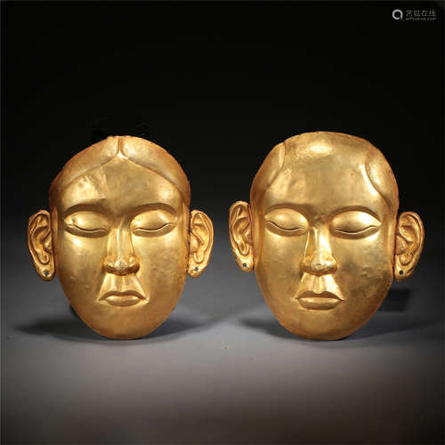 PAIR OF CHINESE PURE GOLD MASKS LIAO DYNASTY