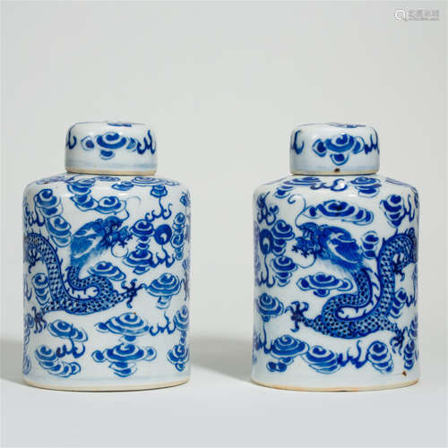 PAIR OF CHINESE PORCELAIN BLUE AND WHITE DRAGON LIDDED JARS