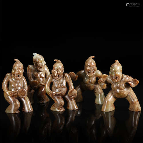 FIVE CHINESE ANCIENT JADE MUSICAN FIGURES