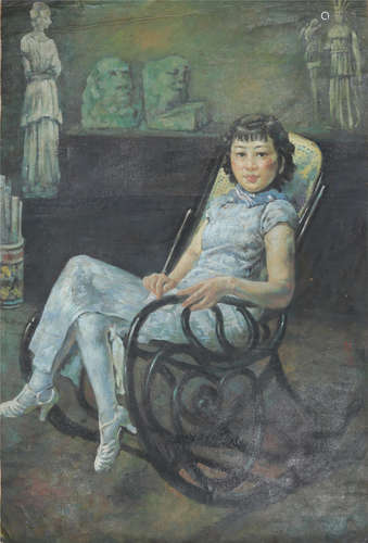 CHINESE OIL PAINTING OF SEATED BEAUTY ON CANVOS