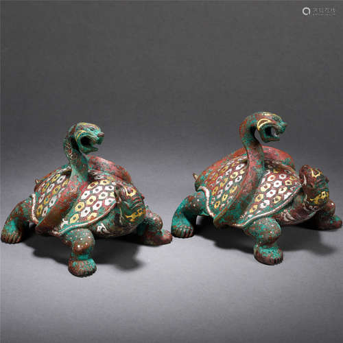 PAIR OF CHINESE GOLD SILVER INLAID BRONZE TURTLES AND SNEAKS